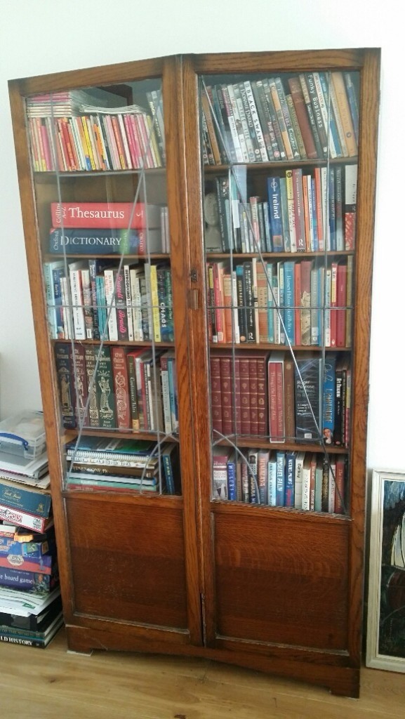 Oak wood bookcase, bookshelf, storage cupboard Antique Retro Lock door