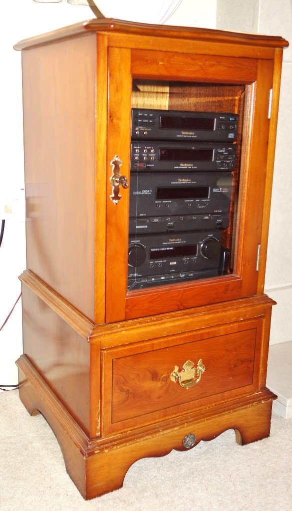 Hi-fi Cabinet in Yew wood - glass display above and drawer ...