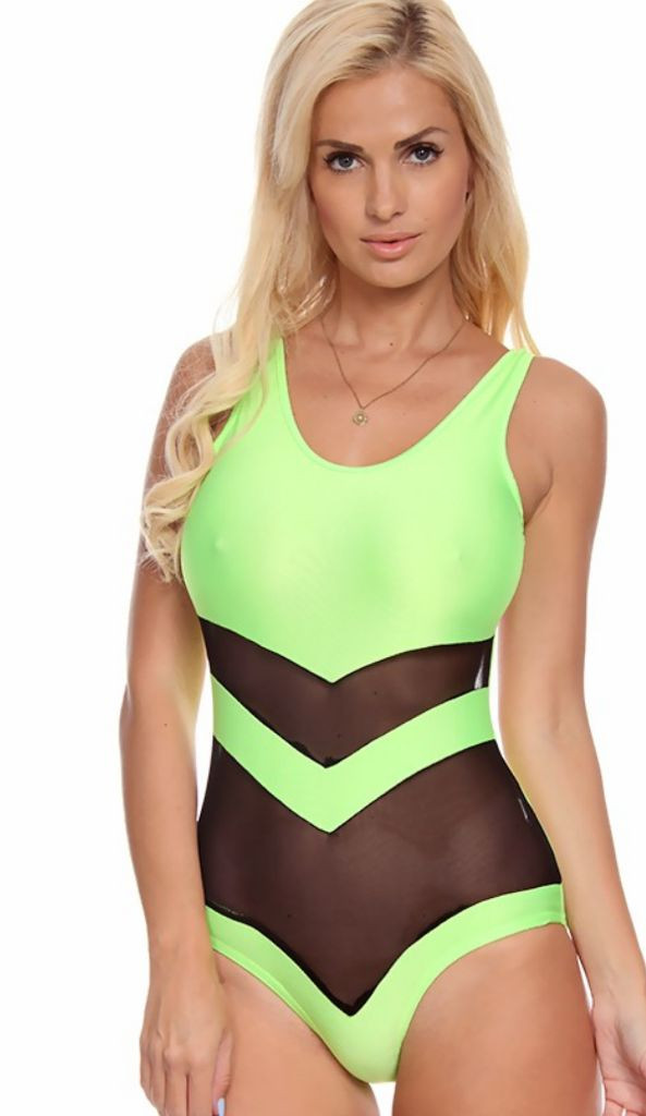 White, black and lime green black mesh low back one piece swimsuit in