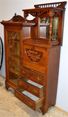 18220 Oak Carved Lion Face Side by Side Secretary Desk