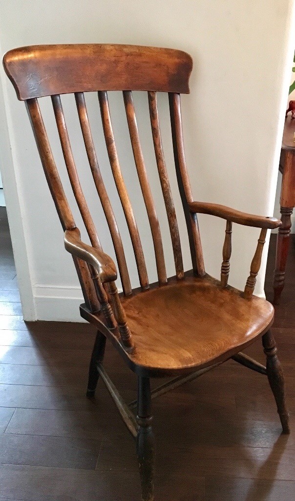 Antique Oak And Elm Windsor Lathe Back Country Armchair / Chair in