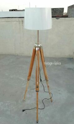 Vintage Nautical Tripod Floor Lamp Natural Teak Wooden Shade Stand Home Decor