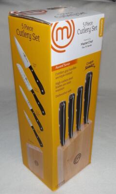 NEW MasterChef 5pc Cutlery Set Award Series Premium Carbon Steel Knife Block NIB