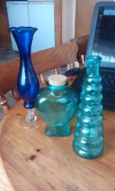 Blue Glass Bottles and Vase