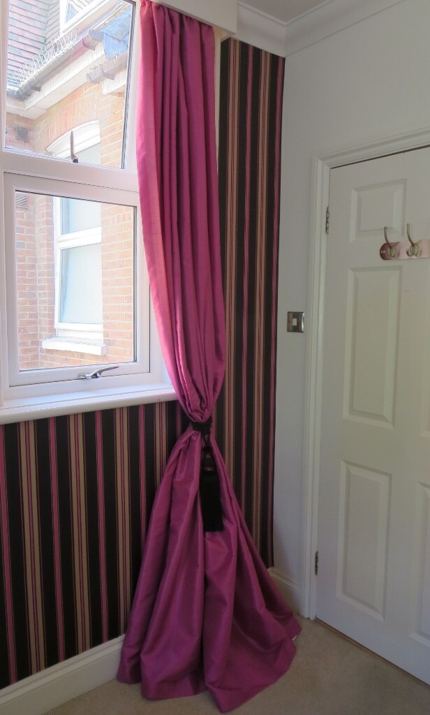 Pair Of Fuschia Fully Lined Pink Curtains Silk Effect 90 Inch Wide By 108