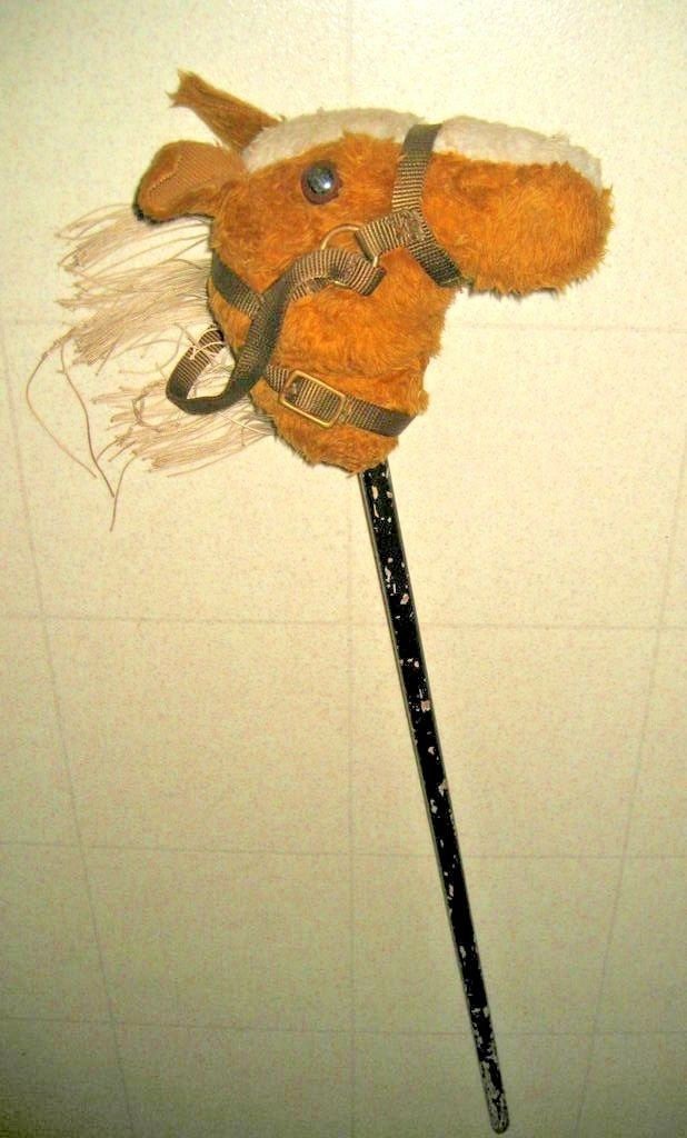 VINTAGE TOY ROCKING RIDING HORSE ON A STICK / STUFFED HORSE / COWBOY / RODEO