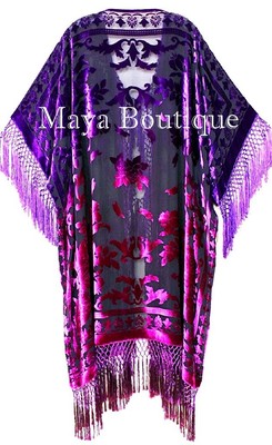 Pre-owned Maya Matazaro Violet Fuchsia Kimono Caftan Fringe Jacket Silk Burnout Velvet Hand Dyed Maya In Violet Fuchsia Ombree