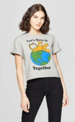 New Women's Garfield Let's Save it Together Earth Short Sleeve Shirt MEDIUM