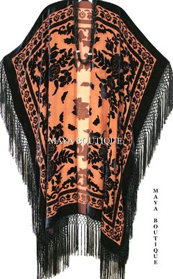 Pre-owned Maya Matazaro Caftan Duster Fringe Jacket Kimono Tangerine & Black Silk Burnout Velvet Maya