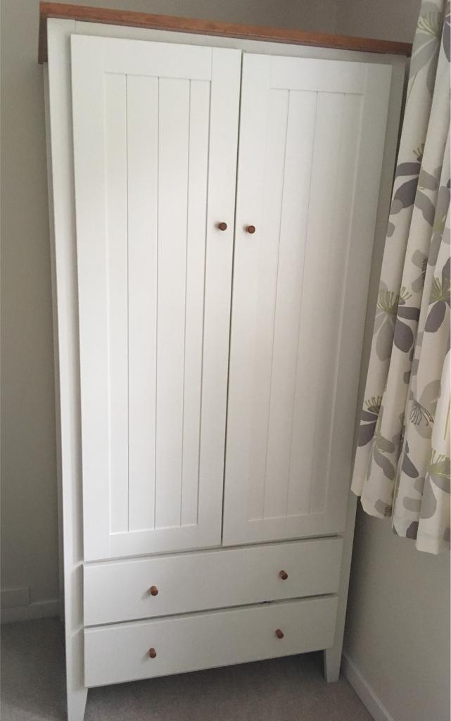 Ivory (white) wardrobe with wooden finishes, free standing in