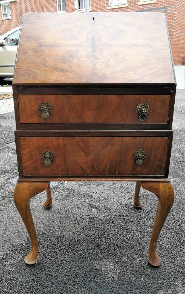 Antique Vintage Wood Writing Bureau/ Desk + Key, 2 Drawers. Collection