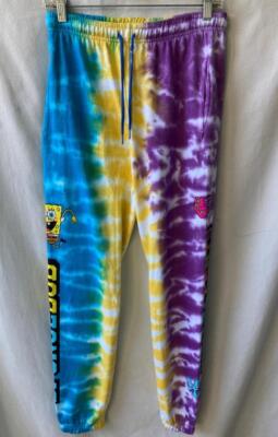 Sponge Bob Square Pants Tie Dye Joggers S 28-30 Sweatpants Fleece Crazy Colorful