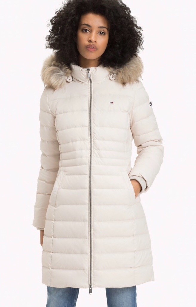 cream puffer jacket with fur hood