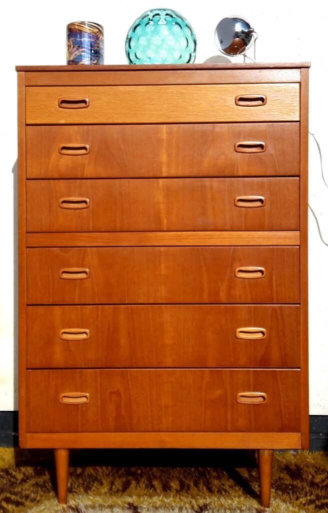Mid Century Modern Vtg 6 Drawer Teak Tallboy On Legs Danish Style