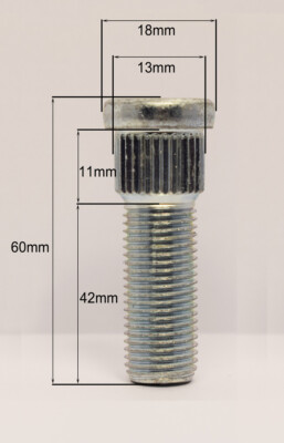 1 x M12 x 1.5 Knock In Wheel Studs, 13mm Spline, 42mm Thread