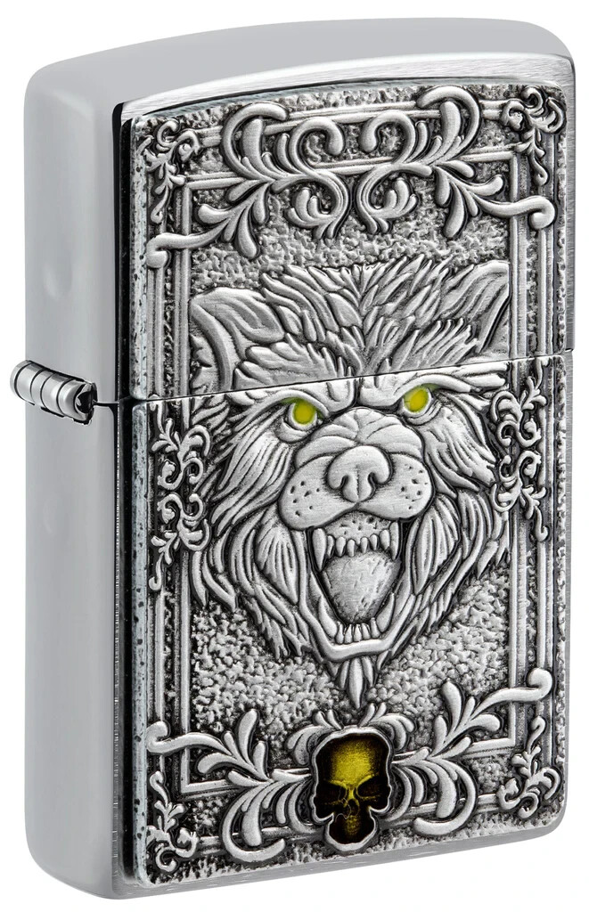 Zippo 48690, дизайн эмблемы волка и черепа, матовая хромированная зажигалка