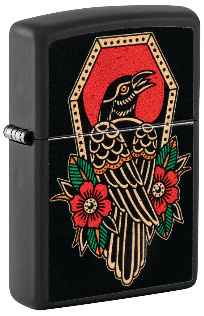 Zippo 48611, дизайн татуировки ворона, черная матовая зажигалка