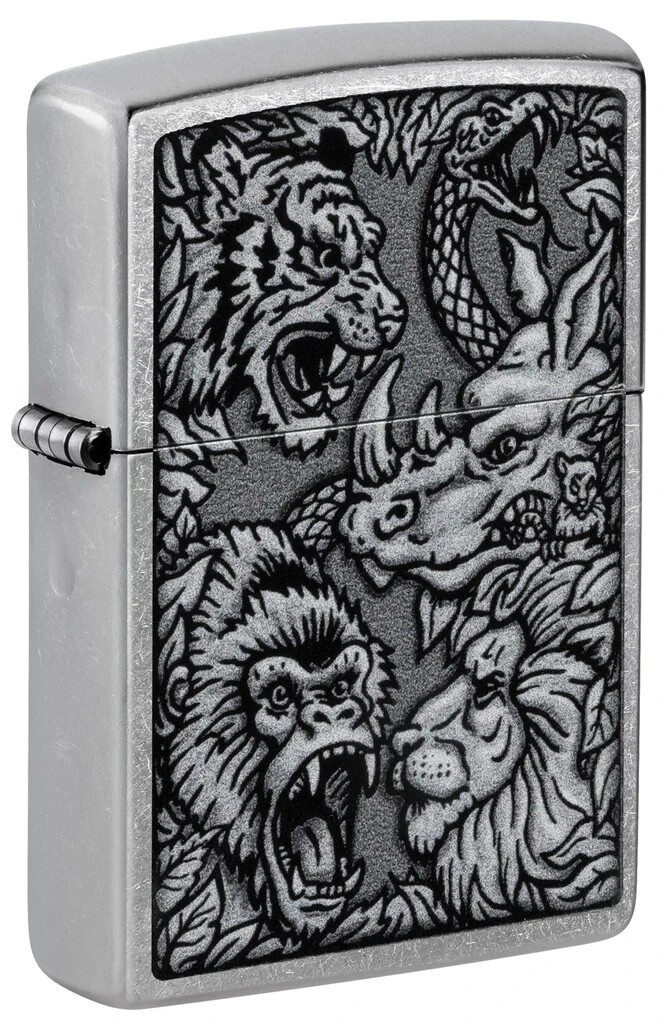 Zippo 48567, Jungle Design-5 Animals, уличная зажигалка с хромированной отделкой,