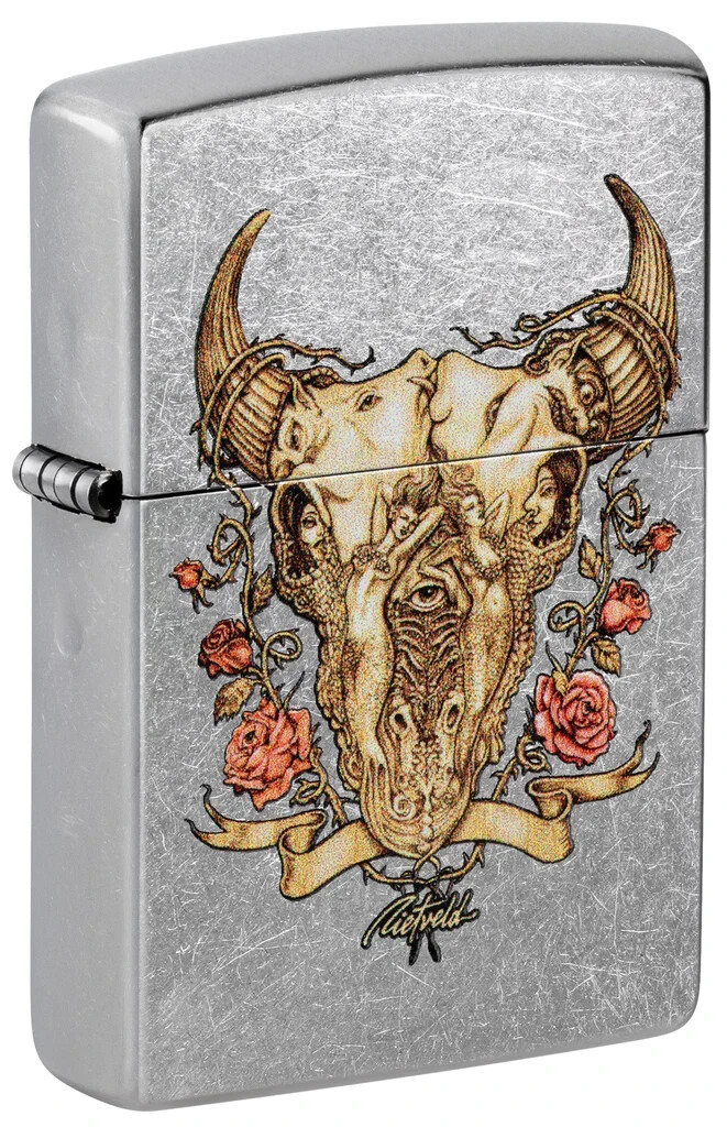 Zippo 48559, дизайн Rick Rietveld Bull Skull Design, зажигалка Street Chrome с отделкой,