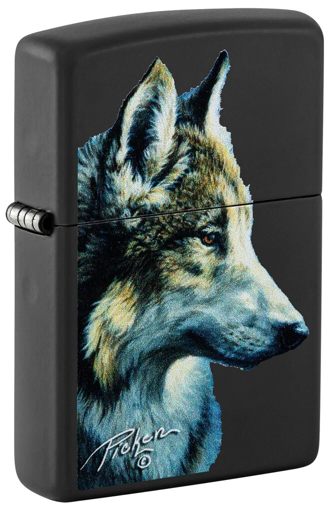 Zippo 48598, дизайн головы волка Линды Пикен, черная матовая зажигалка