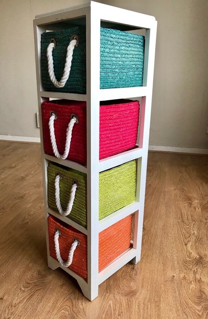 Multi Coloured 4 Drawer Wicker Storage Unit With White Wooden
