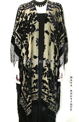 Pre-owned Maya Matazaro Caftan Duster Fringe Jacket Kimono Black Beige Silk Burnout Velvet