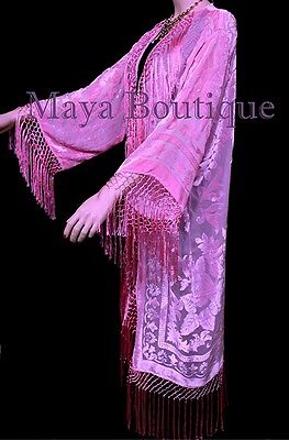 Pre-owned Maya Matazaro Candy Pink Silk Burnout Velvet Fringes Jacket Kimono Long Coat