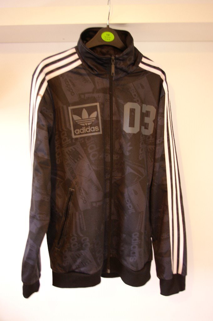 Medium Mens Black Adidas Tracksuit Top with white stripes and motif