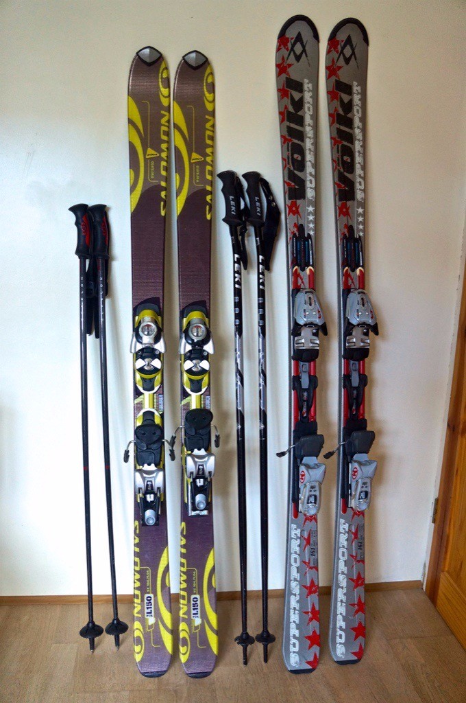 Two pairs of skis, Salomon(150cm) & Volkl(161cm) with poles, bindings