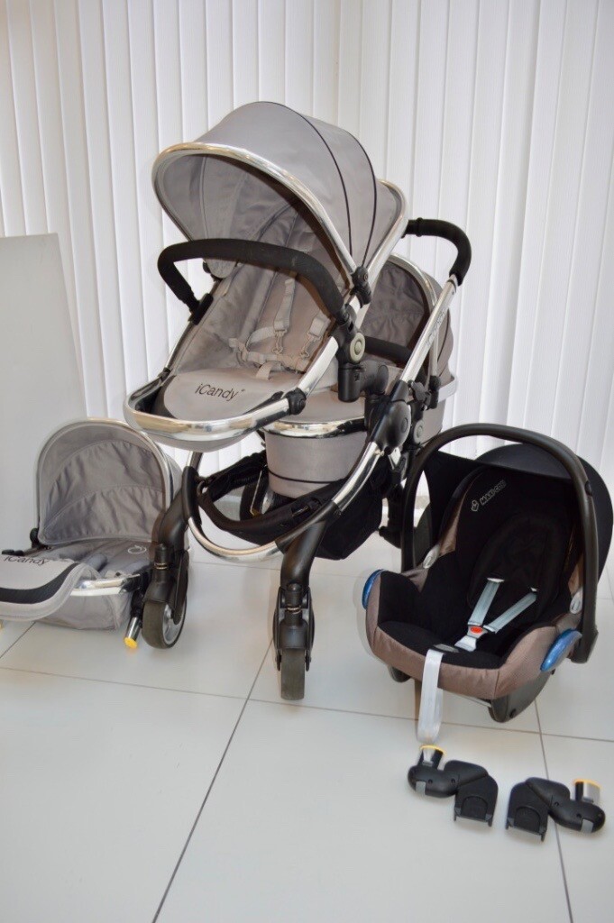 ICANDY PEACH 2 SILVER MINT GREY DOUBLE PRAM PUSHCHAIR CARRYCOT & MAXI