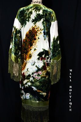 Pre-owned Maya Matazaro Kimono Duster Fringe Jacket Silk Solid Velvet Peacock Ivory Multi  In Ivory - Green -multi