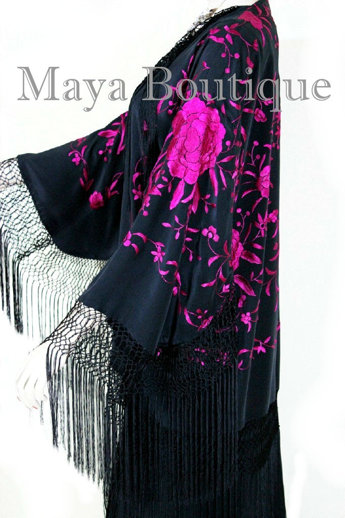 Pre-owned Maya Matazaro Embroidered Silk Fringe Jacket Kimono Black & Fuchsia Short In Pink & Black