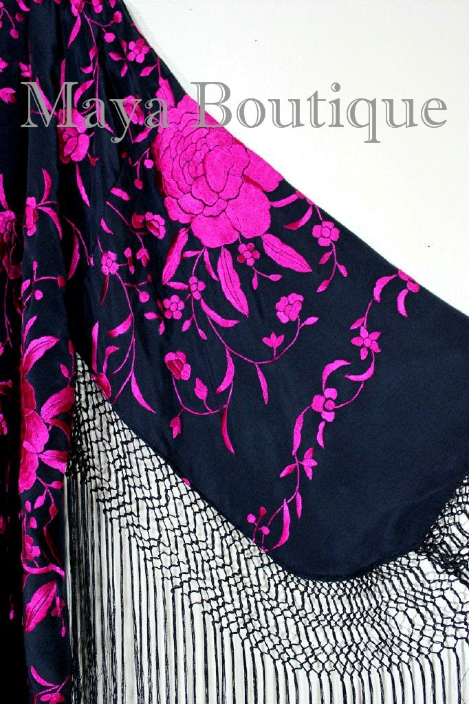 Pre-owned Maya Matazaro Embroidered Silk Fringe Jacket Kimono Black & Fuchsia Short In Pink & Black