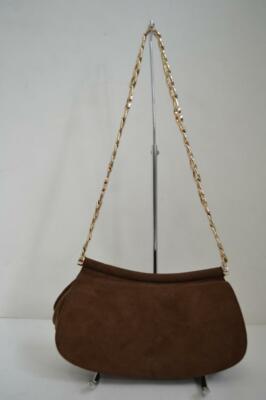 Escada Brown Suede Flap Shoulder Bag/Purse w/Gold Logo Chain Strap
