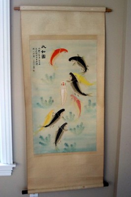 ANTIQUE CHINESE SCROLL PAINTING OF FISH - QING DYNASTY