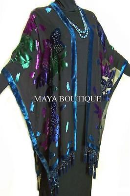 Pre-owned Maya Matazaro Caftan Kimono Duster Beaded Silk Burnout Velvet Tye Dye Blue Multi