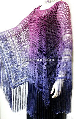 Pre-owned Maya Matazaro Crochet Poncho Shawl Top Hand Dyed Magenta Purple Ombree  One Size In Purple Magenta