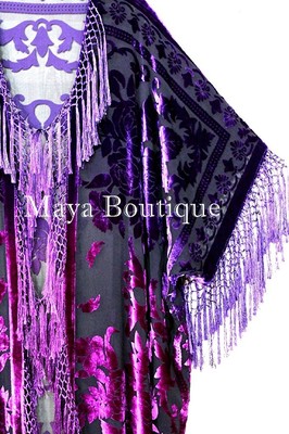 Pre-owned Maya Matazaro Violet Fuchsia Kimono Caftan Fringe Jacket Silk Burnout Velvet Hand Dyed Maya In Violet Fuchsia Ombree