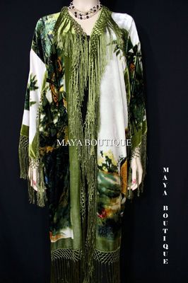 Pre-owned Maya Matazaro Kimono Duster Fringe Jacket Silk Solid Velvet Peacock Ivory Multi  In Ivory - Green -multi