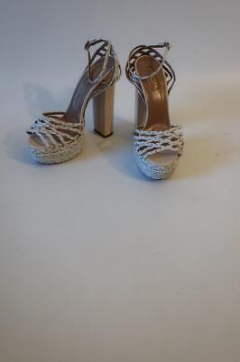 NWD Womens Aquazzura White Silver Strappy Braided Block Heel Sandals 37 US/7 *