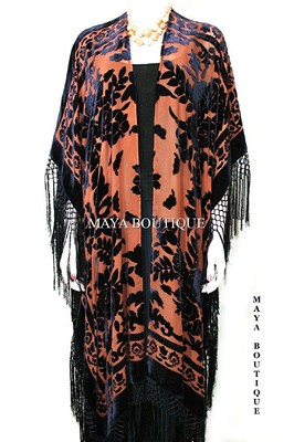 Pre-owned Maya Matazaro Caftan Duster Fringe Jacket Kimono Tangerine & Black Silk Burnout Velvet Maya