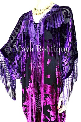 Pre-owned Maya Matazaro Violet Fuchsia Kimono Caftan Fringe Jacket Silk Burnout Velvet Hand Dyed Maya In Violet Fuchsia Ombree