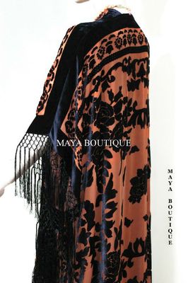 Pre-owned Maya Matazaro Caftan Duster Fringe Jacket Kimono Tangerine & Black Silk Burnout Velvet Maya