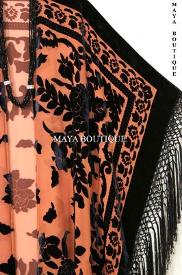 Pre-owned Maya Matazaro Caftan Duster Fringe Jacket Kimono Tangerine & Black Silk Burnout Velvet Maya