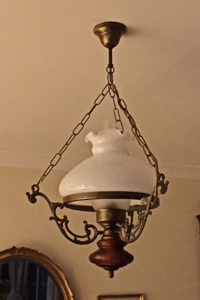 Retro style oil lamp ceiling light with antiqued brass, wood & opaque