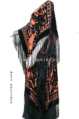 Pre-owned Maya Matazaro Caftan Duster Fringe Jacket Kimono Tangerine & Black Silk Burnout Velvet Maya