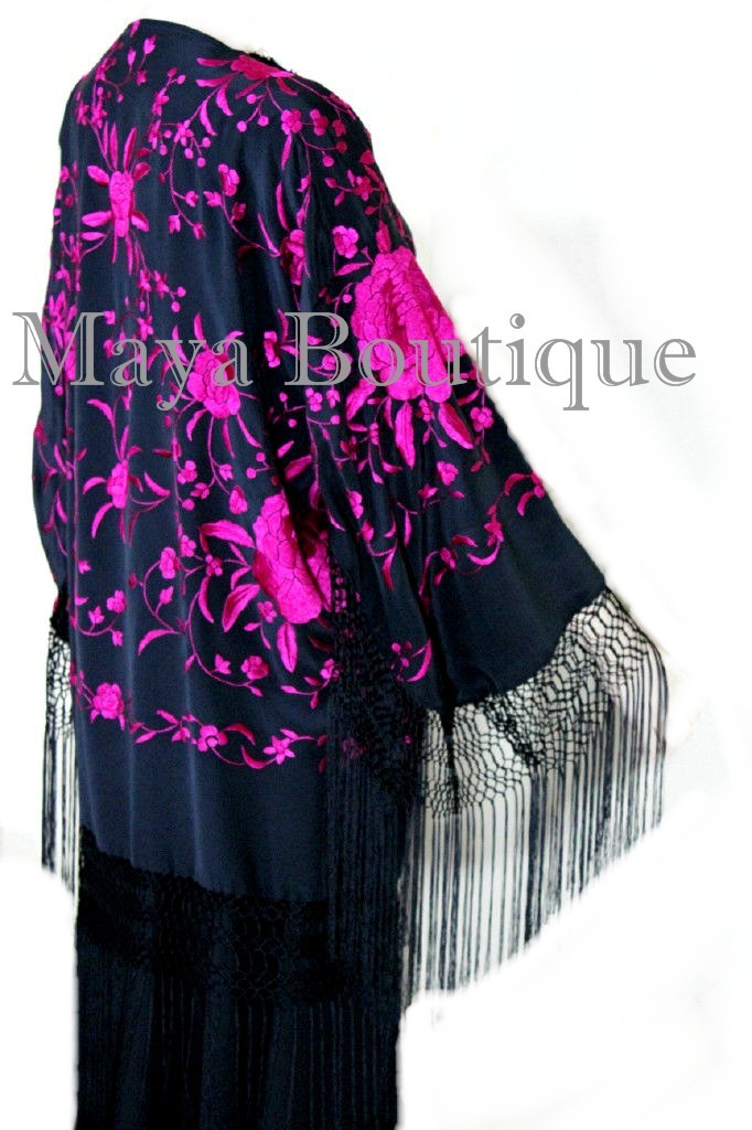 Pre-owned Maya Matazaro Embroidered Silk Fringe Jacket Kimono Black & Fuchsia Short In Pink & Black