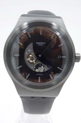 Pre-owned Swatch Swiss  Sistem Pilote Black Leather Automatic Date Watch Yib404 $270