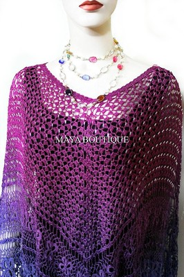 Pre-owned Maya Matazaro Crochet Poncho Shawl Top Hand Dyed Magenta Purple Ombree  One Size In Purple Magenta