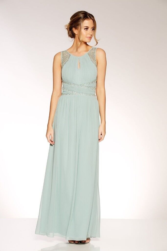  QUIZ  Sage Green Chiffon High Neck Embellished Maxi 